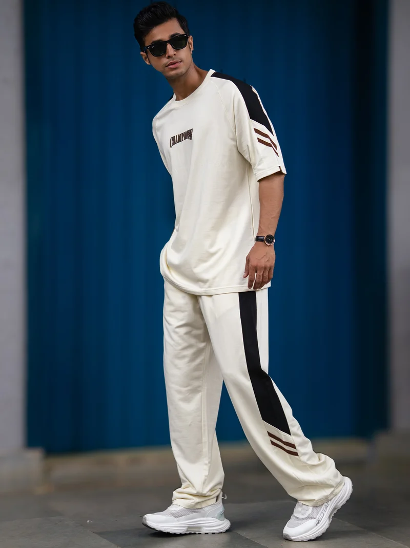 مانياك Maniac Mens Colorblock Round Neck Half Sleece Cream and Black Cotton Co-Ords